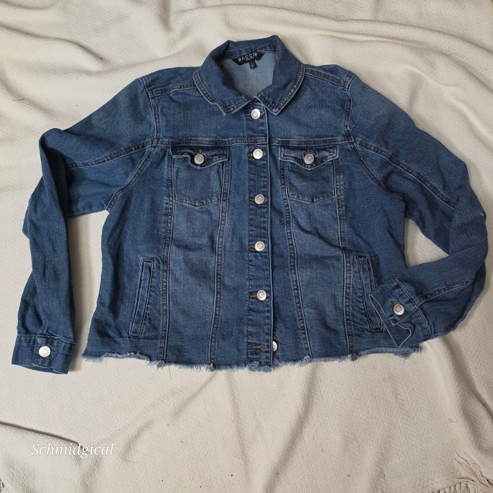 Baccini Womens Blue Denim Jacket Frayed Raw Hem Medium Wash Size L